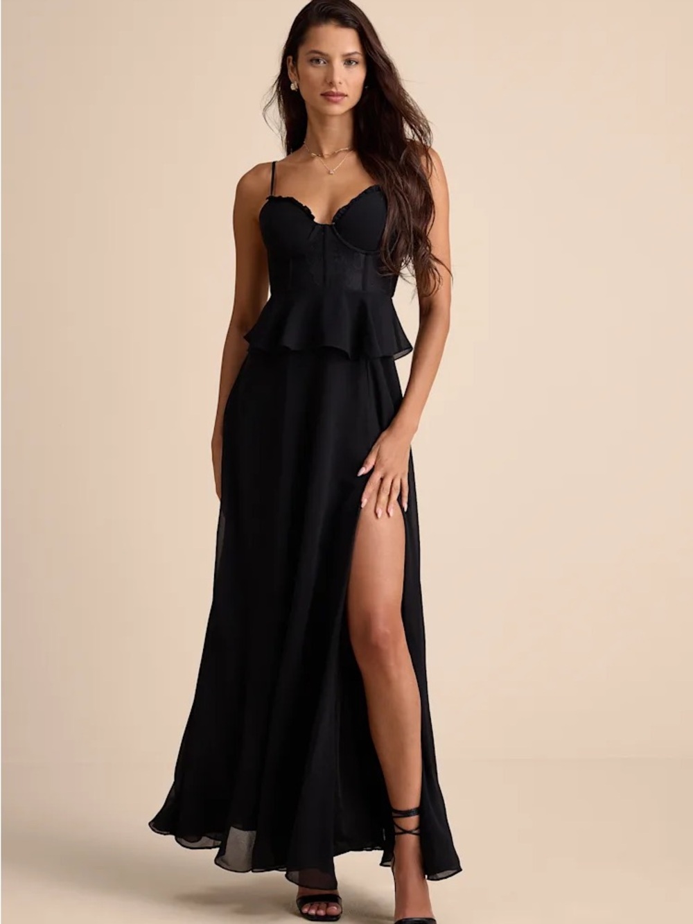 Lulu's Black Peplum Maxi Dress with High Slit